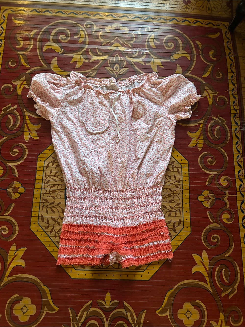 Vintage prairie core coral pink romper ruffle bottom bloomers
